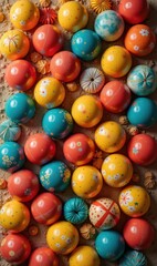 Obraz premium A vibrant arrangement of decorative balls in bright colors, perfect for enhancing projects related to festivals, celebrations, or home decor.
