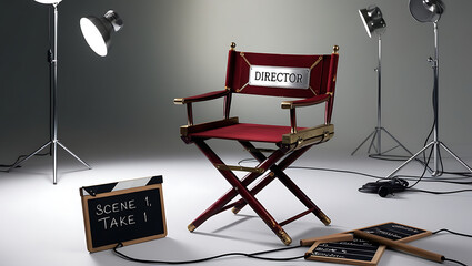 Film Director’s Chair with “Director” Label and Clapperboard on a Minimalistic Set with Light Equipment in the Background