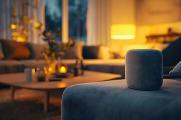 Smart home speaker in cozy living room, evening ambiance, modern minimalist design