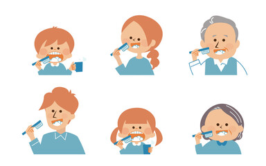 歯みがきをする三世帯家族　かわいいイラスト素材