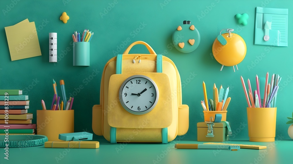 Poster Playful 3D rendering showcasing a yellow backpack and a round alarm clock surrounded by a variety of colorful school supplies set against a smooth green background that complements the items