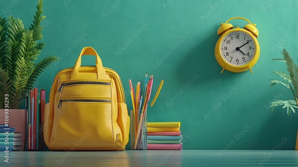 Poster playful 3d rendering showcasing a yellow backpack and round alarm clock surrounded by an assortment 
