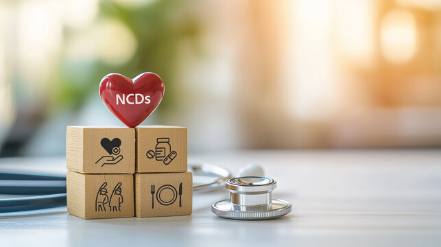 Prevention, detection and treatment of NCDs concept. Wooden blocks with NCDs icons related to non-communicable diseases (NCDs). Healthcare strategies for NCDs.