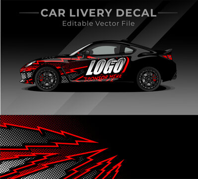 Car wrap decal designs full vector with red lightning and black background. Abstract racing and sport background for car livery or daily use car vinyl sticker
