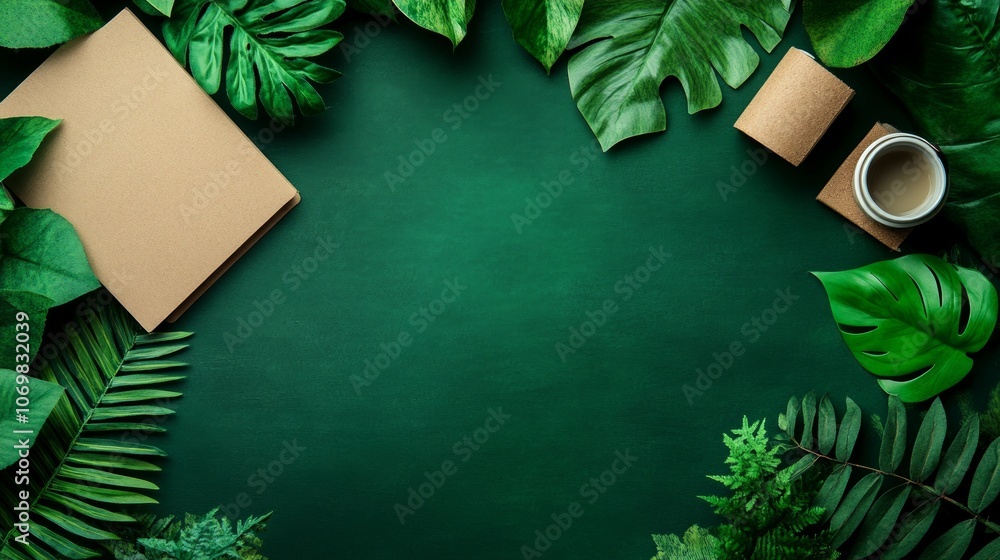 Poster an array of vibrant green leaves frames simple eco-friendly packaging on a dark surface, highlightin
