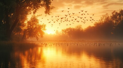Serene Sunrise Over a Lake with Flying Birds