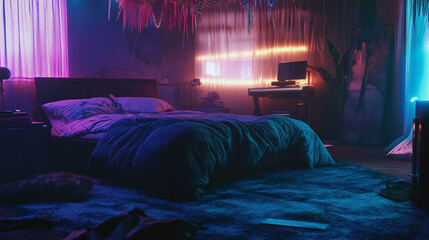 네온 조명으로 장식된 현대적인 침실, 어두운 분위기, AI 생성
