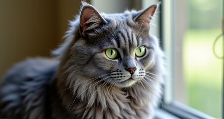 Fluffy gray cat gazing out window - Powered by Adobe