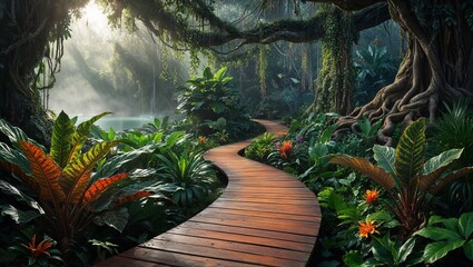 Wooden pathway through lush green tropical jungle with sunlight, serene nature walk concept