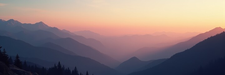 A breathtaking mountain landscape at sunset, capturing the serene beauty of nature with layers of misty peaks and a pastel sky, perfect for travel and outdoor themes.
