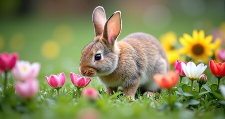 Cute bunny in a colorful flower field