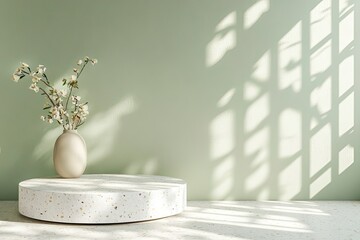 White cream round terrazzo podium table, pentagon side in sunlight, Chinese window grill shadow on blank green wall. Luxury Asian beauty, cosmetic,with generative ai