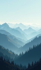Fototapeta premium A serene landscape showcasing misty blue mountains, perfect for conveying tranquility and natural beauty in design projects.