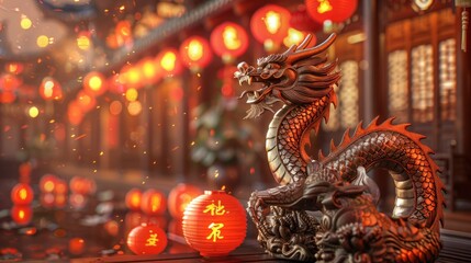 Fototapeta premium Dragon Statue with Red Lanterns