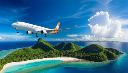 Jet plane fly over the tropical island. Panoramic view airliner landing take off flight to exotic...