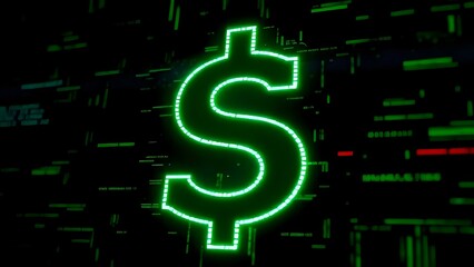 Neon Green Currency Symbol with Pixelated Effect on Dark Background for Digital Economy Concept