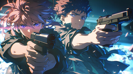 boy holding gun, Anime style