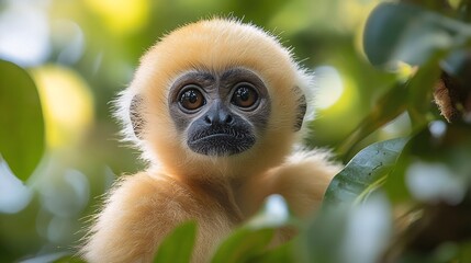 Fototapeta premium Gibbon Swinging Through Jungle in Bokeo Region