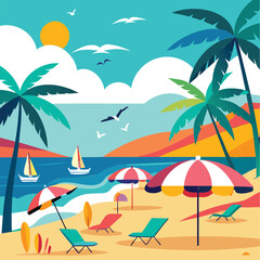  vibrant summer beach vector art with palm trees and ocean waves