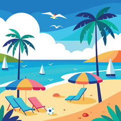  vibrant summer beach vector art with palm trees and ocean waves