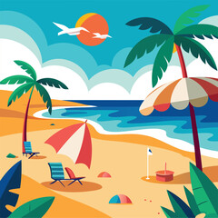  vibrant summer beach vector art with palm trees and ocean waves
