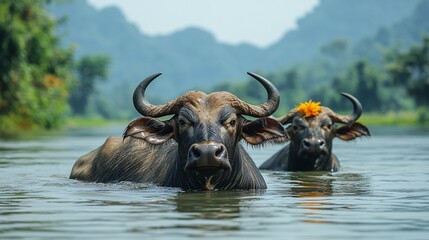 Naklejka premium Water Buffalos Cooling Off in the Mekong River
