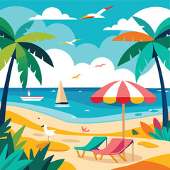  vibrant summer beach vector art with palm trees and ocean waves