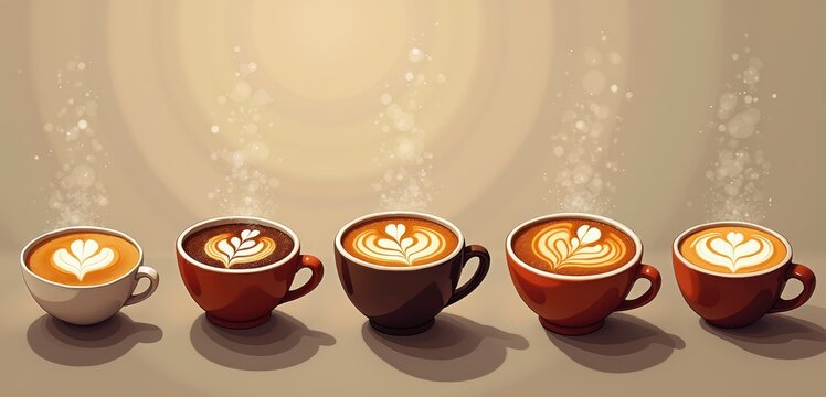 A stylish illustration of five coffee cups with latte art, showcasing different designs. Perfect for coffee shop branding, menus, or promotional materials.