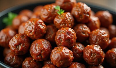 Juicy, savory meatballs coated in a rich sauce, perfect for culinary presentations, recipes, or food-related projects.