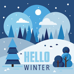 snowy forest scene with falling snow and a warm hello winter message vector design