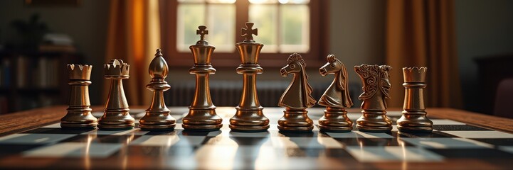 Fototapeta premium A close-up view of a polished chess set in natural light, symbolizing strategy, competition, and intellect in a cozy setting. Perfect for business and education themes.