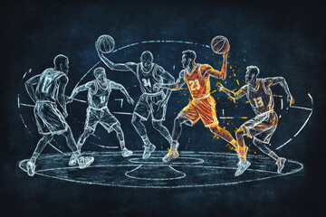 Chalkboard drawing of basketball players making different moves on court. Game tactic and teamwork concept