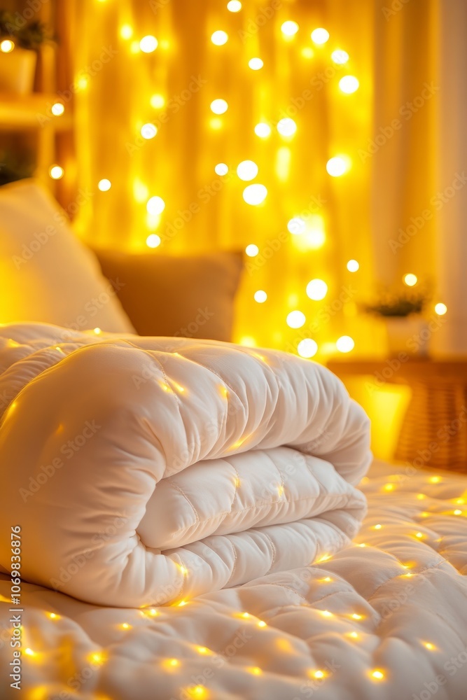 Poster a plush weighted blanket is folded on a bed surrounded by twinkling lights, creating a tranquil and 
