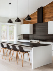 Modern kitchen design with black countertops and wooden accents in a stylish home interior