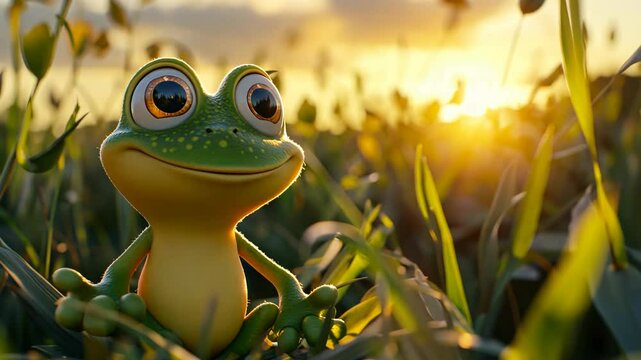A cartoon frog sits in the tall grass, looking up at the sun setting behind it