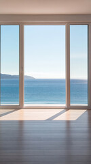 Sunny coastal view from large windows in a modern room overlooking the ocean at midday