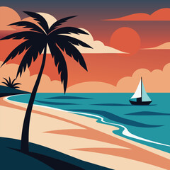 palm trees silhouette on a beautiful sunset tropical beach vector illustration
