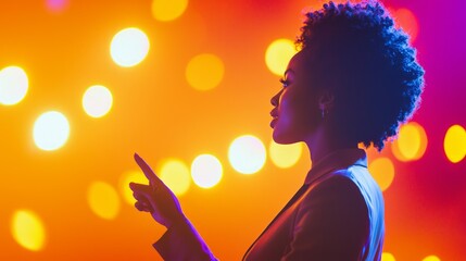 Confident African American Woman Presenting Tech Solution at Conference with Enthusiasm and Expertise under Bright Lights