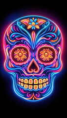 Fototapeta premium Colorful sugar skull design with vibrant neon colors against a black background