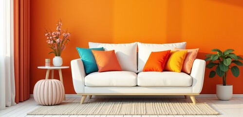 Modern living room with a cozy white sofa and vibrant orange wall, showcasing a stylish interior design perfect for home decor inspiration.