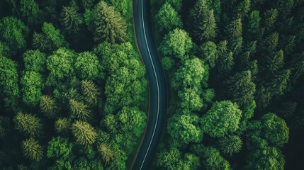 Aerial view of a rural forest with a highway road weaving through lush trees, emphasizing the journey toward carbon neutrality and the importance of eco-consciousness in sustainable tourism