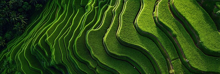 Fototapeta premium Lush Green Terraced Rice Fields with Curve Layers Tropical Mountain farming - Panoramic Header Banner Background for Agriculture, Nature Landscapes, Eco-Tourism, and Rural Scenery
