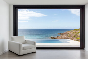 Fototapeta premium Modern living room with a stunning sea view and infinity pool on a sunny day