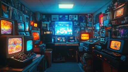 Obraz premium Vibrant Retro Gaming Room with Vintage Consoles and Video Game Displays – A Nostalgic Tribute to Classic Video Games and Gaming Culture, Perfect for Retro and Entertainment Design Projects