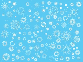 New Year's background of white symmetrical abstract snowflakes of different sizes and shapes on a blue background scattered in a chaotic order.
