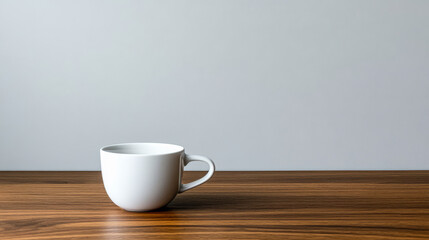 A simple white mug sits on a wooden table against a plain gray backdrop in a calm setting