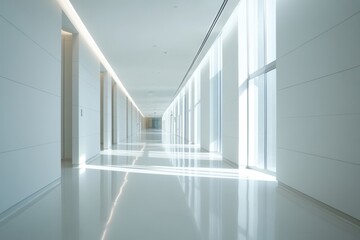 An empty corridor in a modern hospital showcases a minimalist design that emphasizes healthcare professionalism, creating a clean and efficient environment for patients and staff.