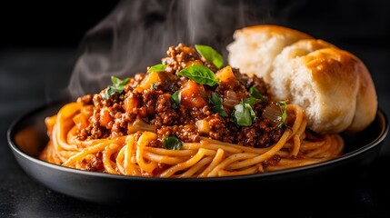 Fototapeta premium Delectable vegan spaghetti bolognese made with a richly textured umami packed plant based meat substitute coated in a glistening tomato sauce that clings to the long