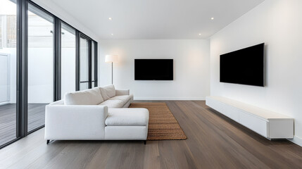 Fototapeta premium Modern living room interior with sleek furniture and minimalistic design during daylight