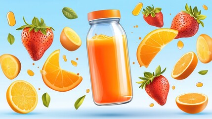 Create refreshing summer beverages with transparent strawberry juice bottles and vibrant citrus fruits for a colorful drink experience